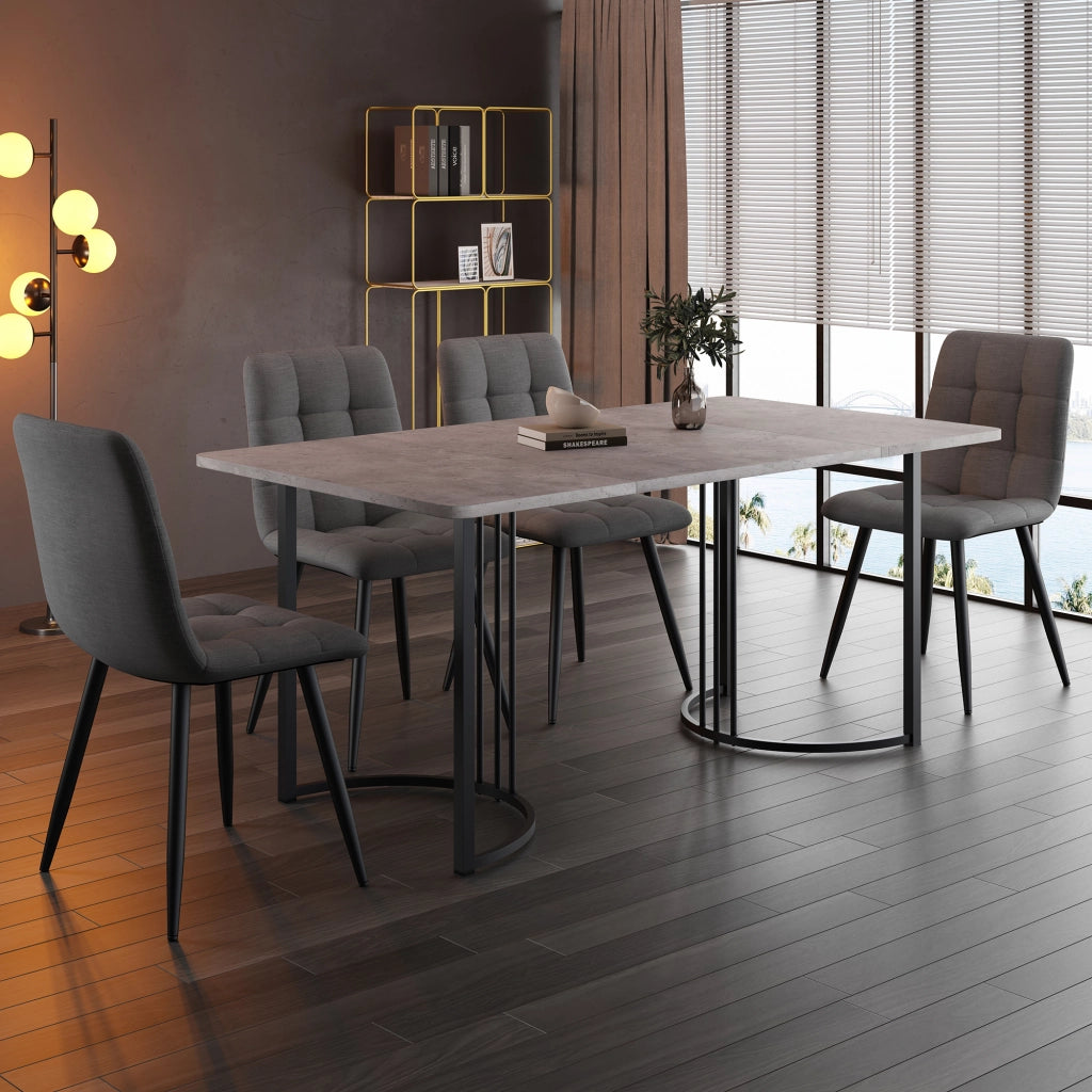 Tavolo da pranzo con 4 sedie, piano con motivo marmo, struttura in metallo, per cucina e sala da pranzo, grigio