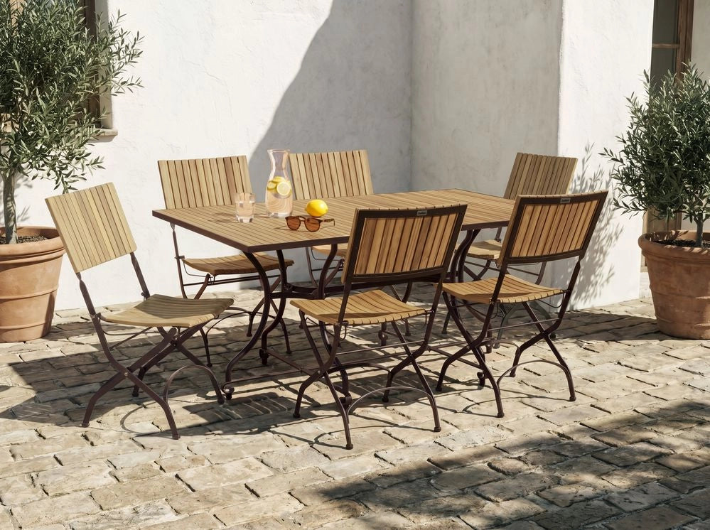 Set da pranzo da giardino per esterni con 6 sedie e tavolo in legno di acacia, struttura pieghevole in acciaio, legno di acacia marrone chiaro