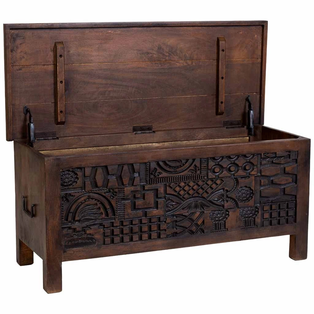 Baule in legno marrone intagliato a mano 100x40x46h cm