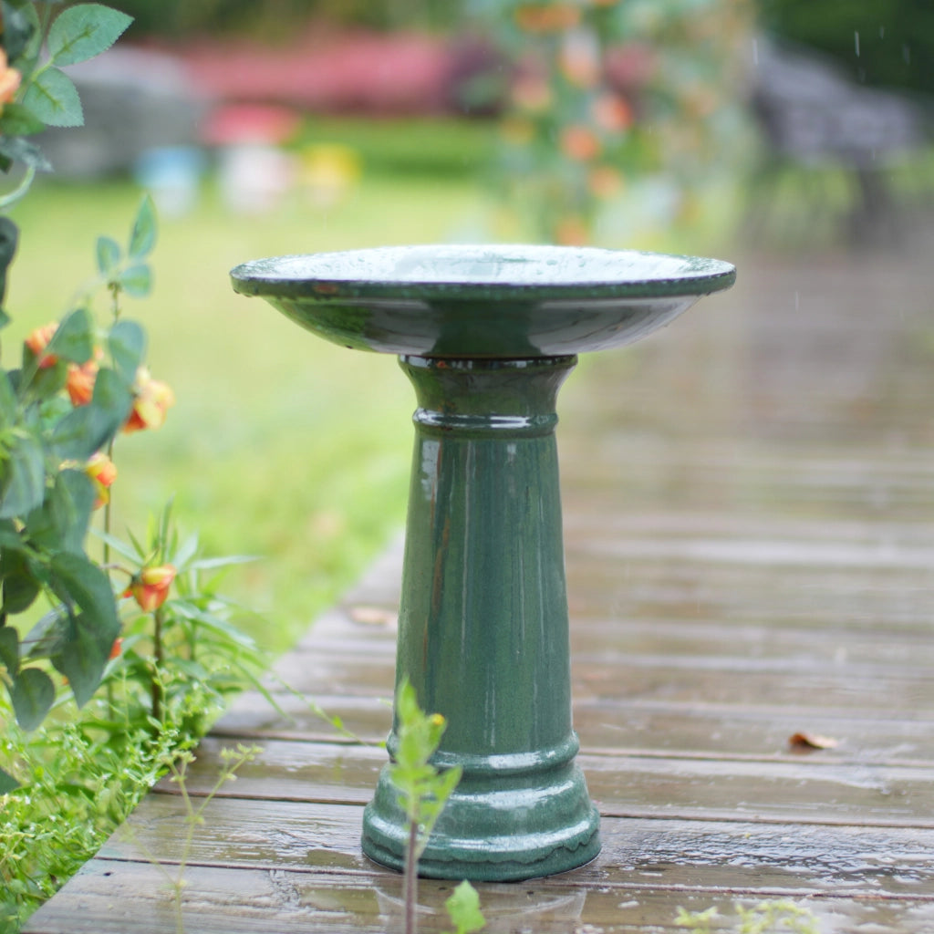 Vasca per uccelli in ceramica ¨C Minimal ¨C verde, per giardino balcone, ? 31,5xH38 cm, resistente alle intemperie