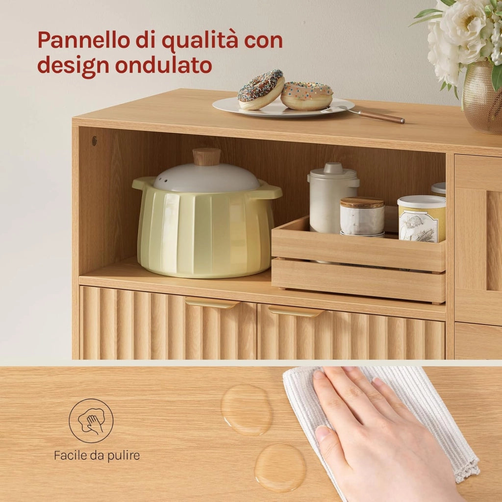 Credenza con 3 Cassetti, 2 Ante e 1 Scomparto Aperto, Mobile da Cucina Salvaspazio in Legno, con Ripiano Regolabile, per Soggiorno, Cucina, 90x35x80 cm, Effetto Legno