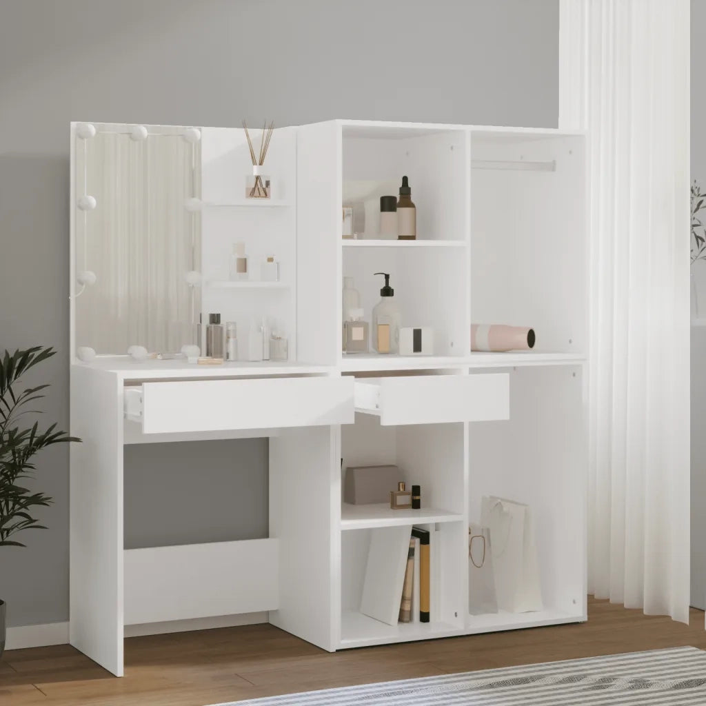 Toeletta | Tavolo da Trucco LED con 2 Armadietti in Legno Multistrato Bianco