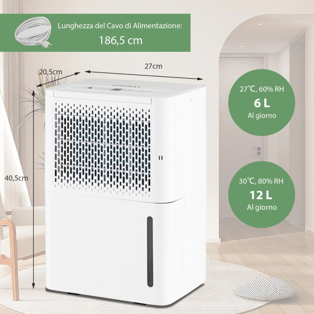 Deumidificatore 12L silenzioso ed efficiente con modalit¨¤ continua/asciugatura/auto, Deumidificatore portatile Bianco