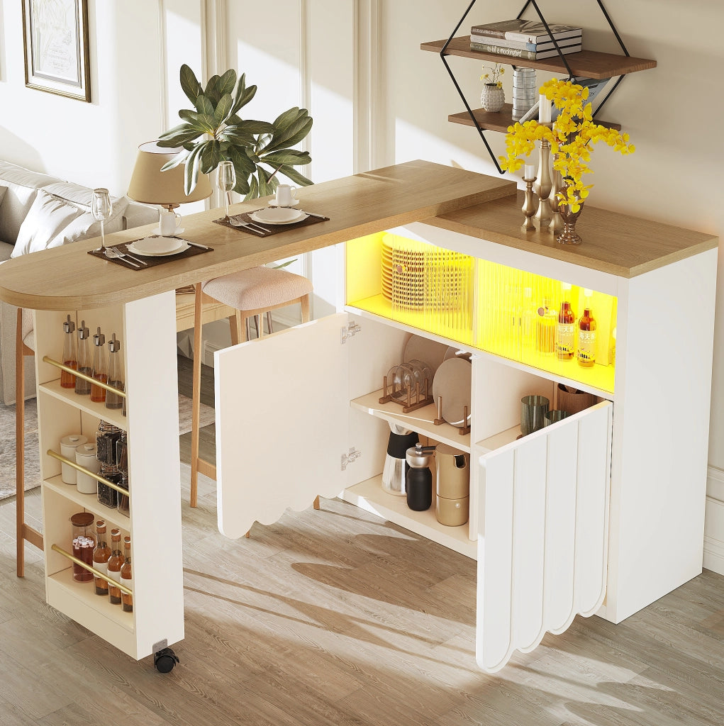 Tavolo bar 135-205x39x100 cm con ruote; LED e vani contenitore in MDF e vetro bianco