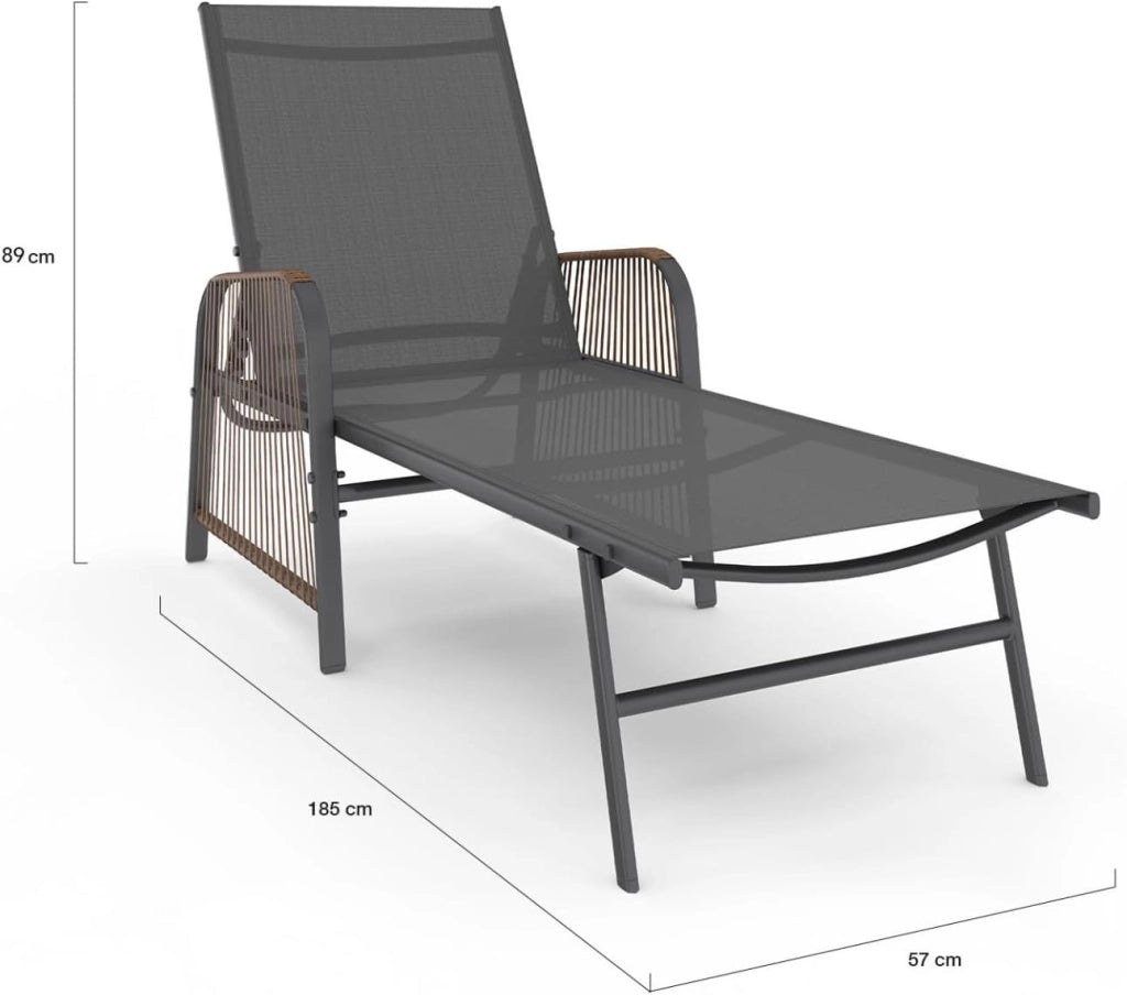 Set di 2 lettini da Giardino reclinabili Rio in Acciaio Grigio Antracite, Corda in Rattan con braccioli e Tela Grigia