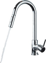 JANA | Rubinetto cucina estensibile Premium in acciaio inox cromato | Miscelatore arco alto gastronomia alta pressione ruotabile a 360° 2 attacchi