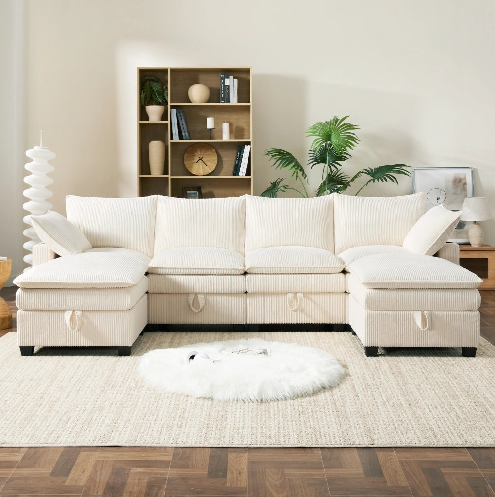 Divano modulare 6 posti in velluto a coste beige con USB