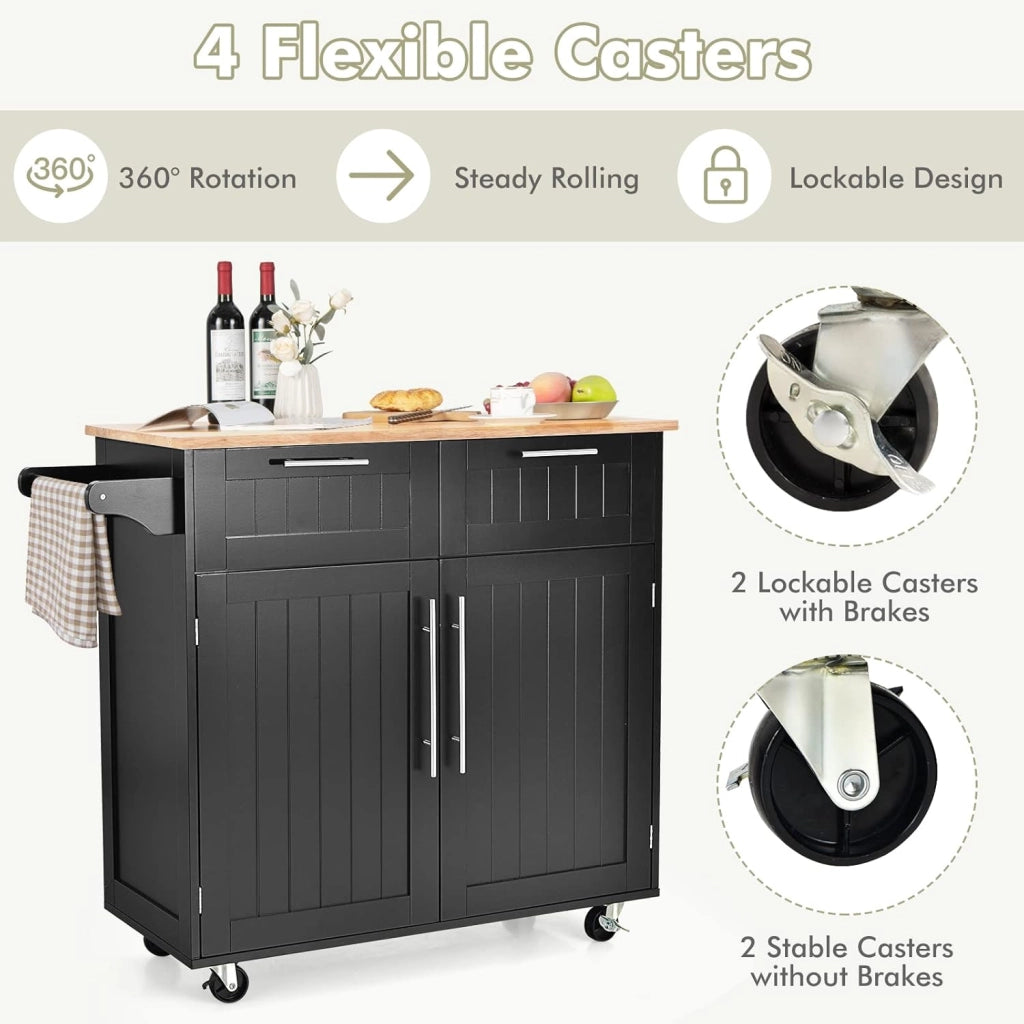 Carrello da Cucina in Legno con Piano di Lavoro, Armadio da Cucina su Ruote, Carrello da Portata con Portasciugamani e 2 Cassetti, Isola da Cucina Mobile, 3 Colori
