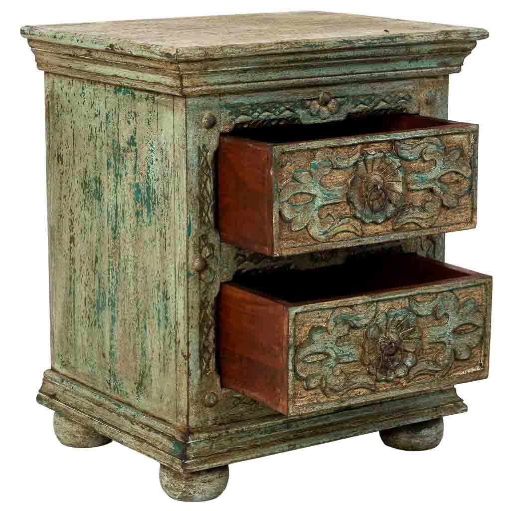 Comodino in legno artigianale, blu, con 2 cassetti, 50x40x60h cm