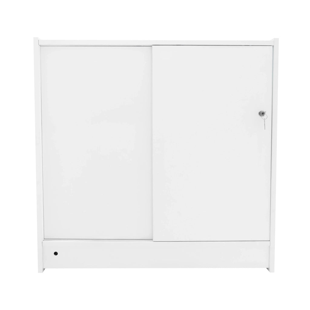 Bancone LED Bianco B900 con Vetrina, Ante Scorrevoli e Ripiani – Bloccabile