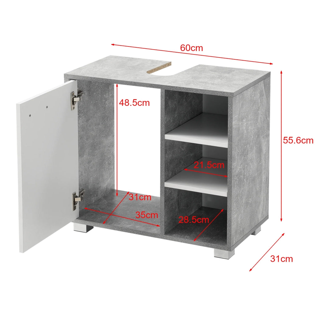 Mobiletto sottolavabo di design mobiletto per il bagno con 3 ripiani pannello di particelle rivestito in melaminico 56 x 60 x 31 cm effetto cemento e bianco 03_0005857