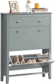Scarpiera Salvaspazio Slim Ingresso con 2 Ribalte e Cassetto – Mobile Scarpiera Grigio Moderna per Corridoio Stretto, MDF E1, 80x25x108cm, FSR89-HG