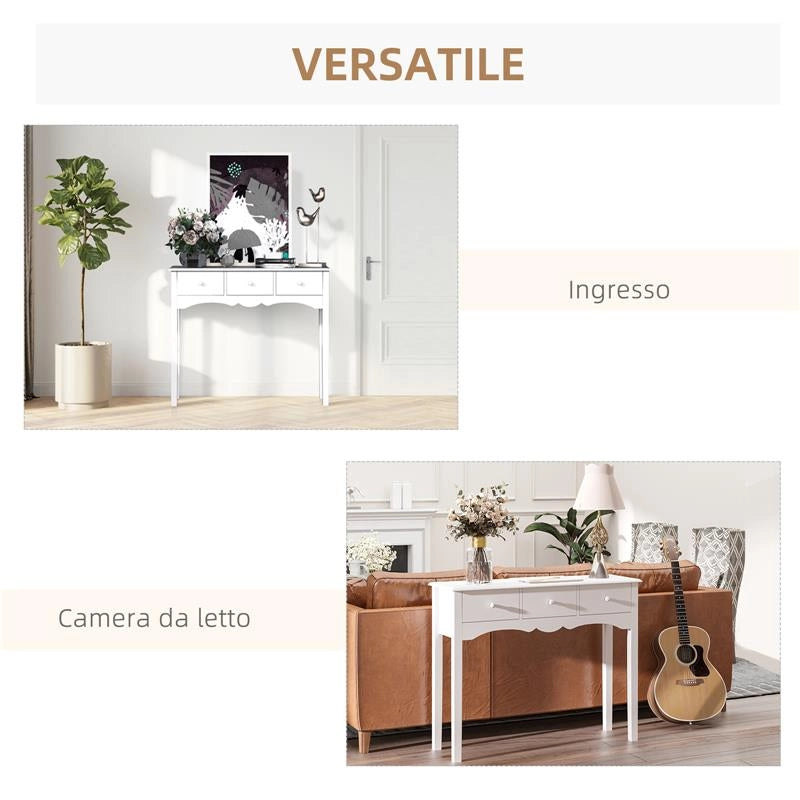 TAVOLO CONSOLLE MODERNO DA INGRESSO IN MDF CON 3 CASSETTI, 100X32X85 CM, BIANCO