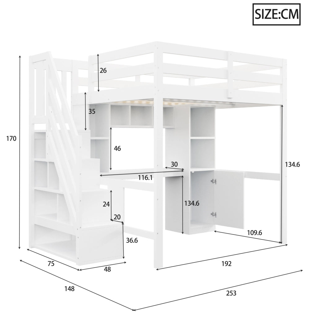 Letto a soppalco 140x200 cm con scrivania; scala contenitore; scaffali; LED e prese EU; bianco