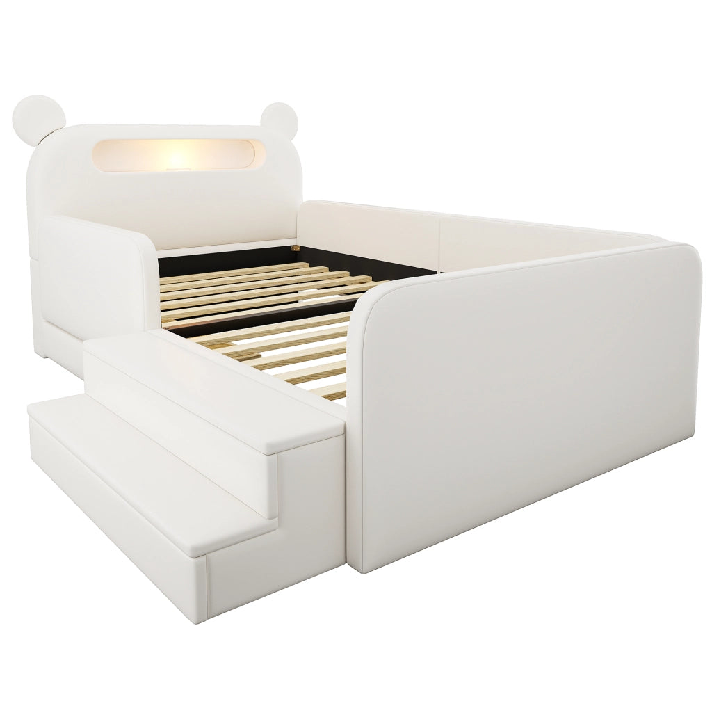 Letto imbottito per bambini 90x200 cm con testiera a orso; luce notturna; USB e contenitore; bianco