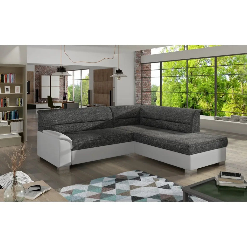 Divano angolare convertibile TROMSO grigio scuro e bianco – Angolo destro con contenitore