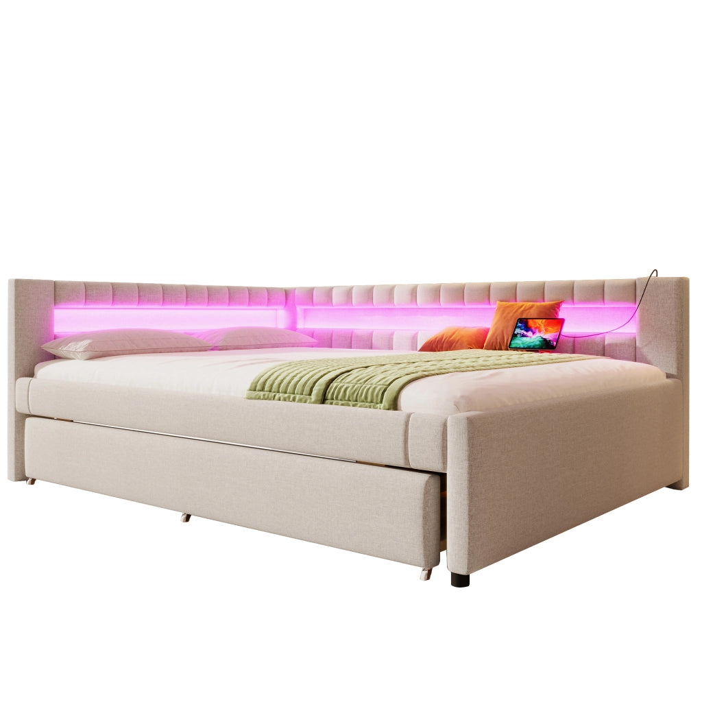 Daybed in lino beige 140x200 con LED telecomandato e letto estraibile USB/Type-C