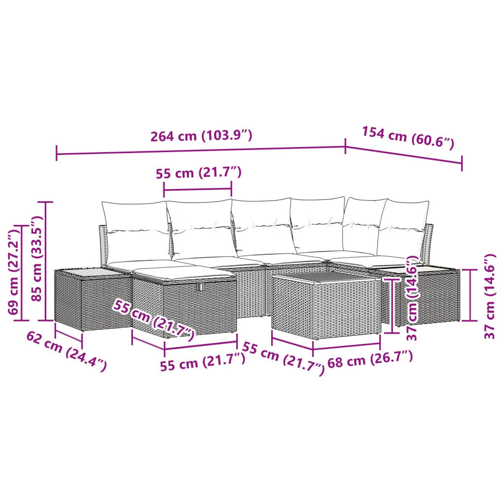 Set di Divani da Giardino da 7 Pezzi con Cuscini Nero Polyrattan