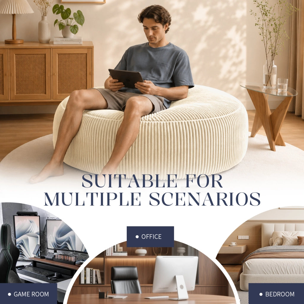 Fauteuil pouf rotondo con imbottitura in memory foam granulare e fodera in velluto a coste bianco