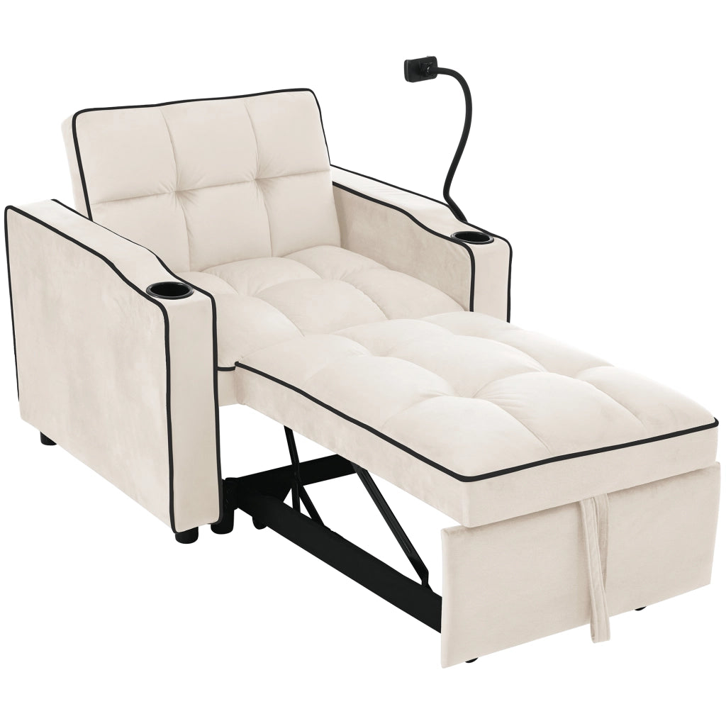 Poltrona letto 3 in 1 con Schienale Regolabile, Portabicchieri, Supporto per Telefono, Schiuma Beige 83 × 167 × 76 cm