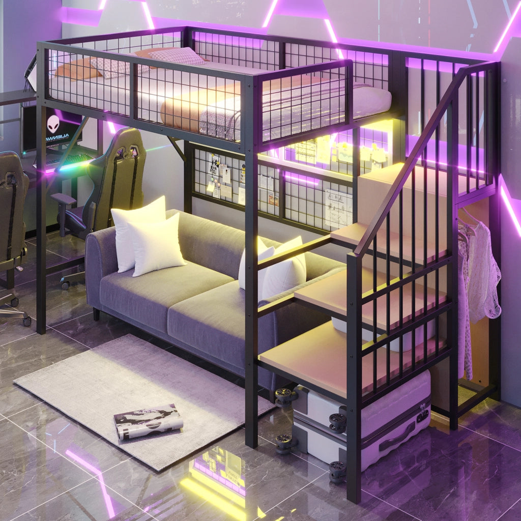 Letto a soppalco in metallo 90x200 cm con scala contenitore, LED e guardaroba aperto, nero