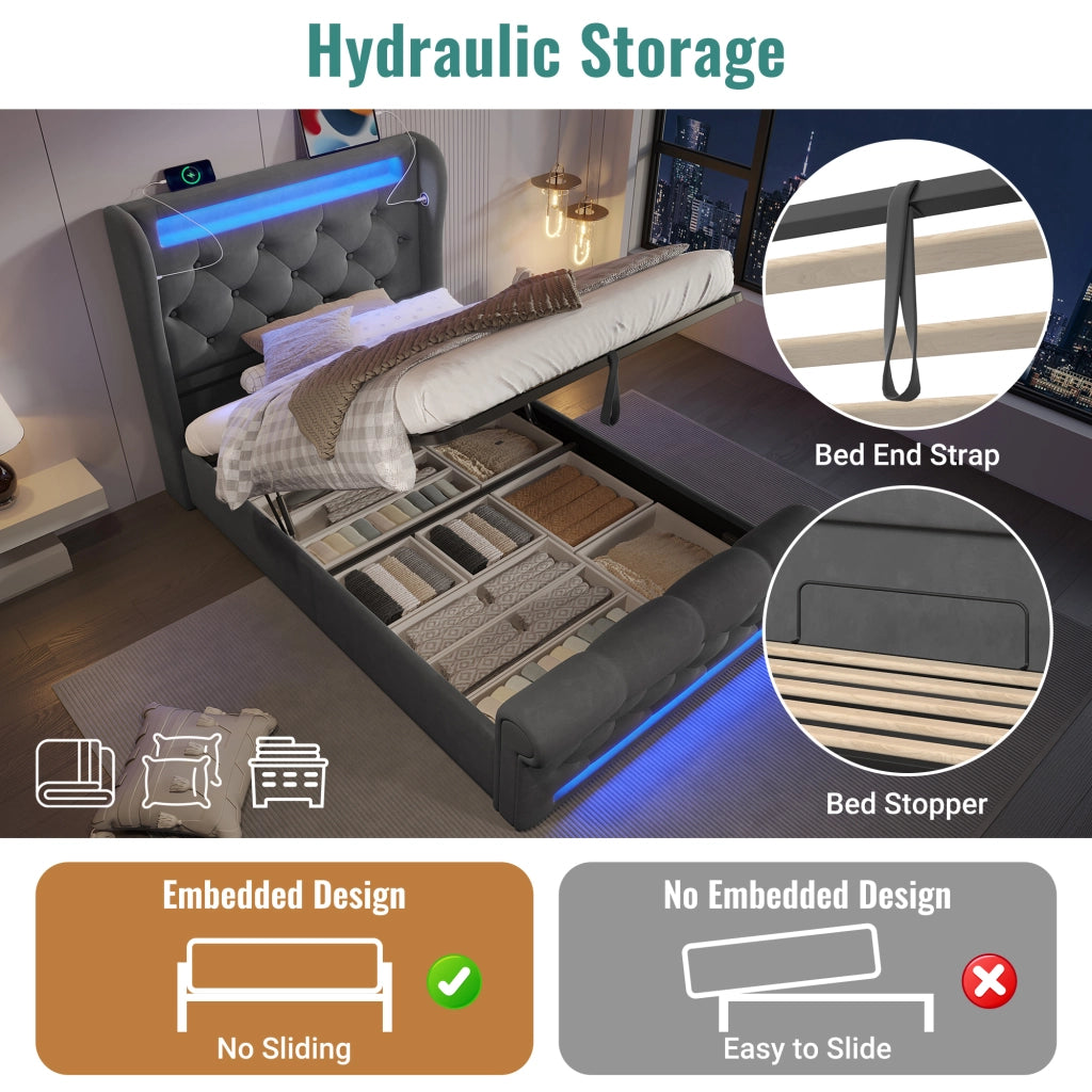 Letto imbottito singolo 90×200 cm con contenitore; LED; USB e Type-C; velluto; materasso incluso; grigio