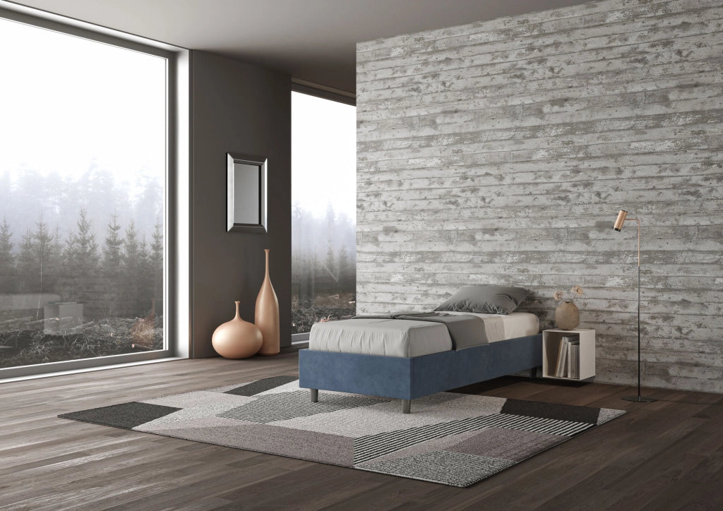 BS COM Letto singolo con rete imbottito 90x200 microfibra blu