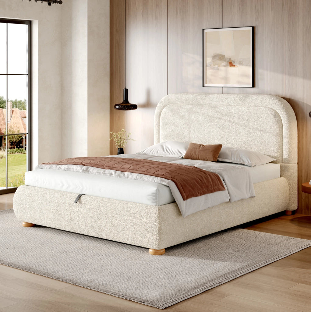 Letto matrimoniale imbottito con contenitore idraulico e rete 140x200 cm beige