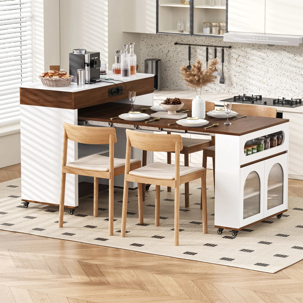 Isola cucina con ruote 110,5 x 50,5 x 95,5 cm bianca e noce con prese