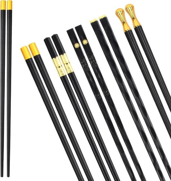 5 paia di stuzzicadenti riciclabili in lega di vetro, design antiscivolo (nero) - ideale per sushi - 24 cm.