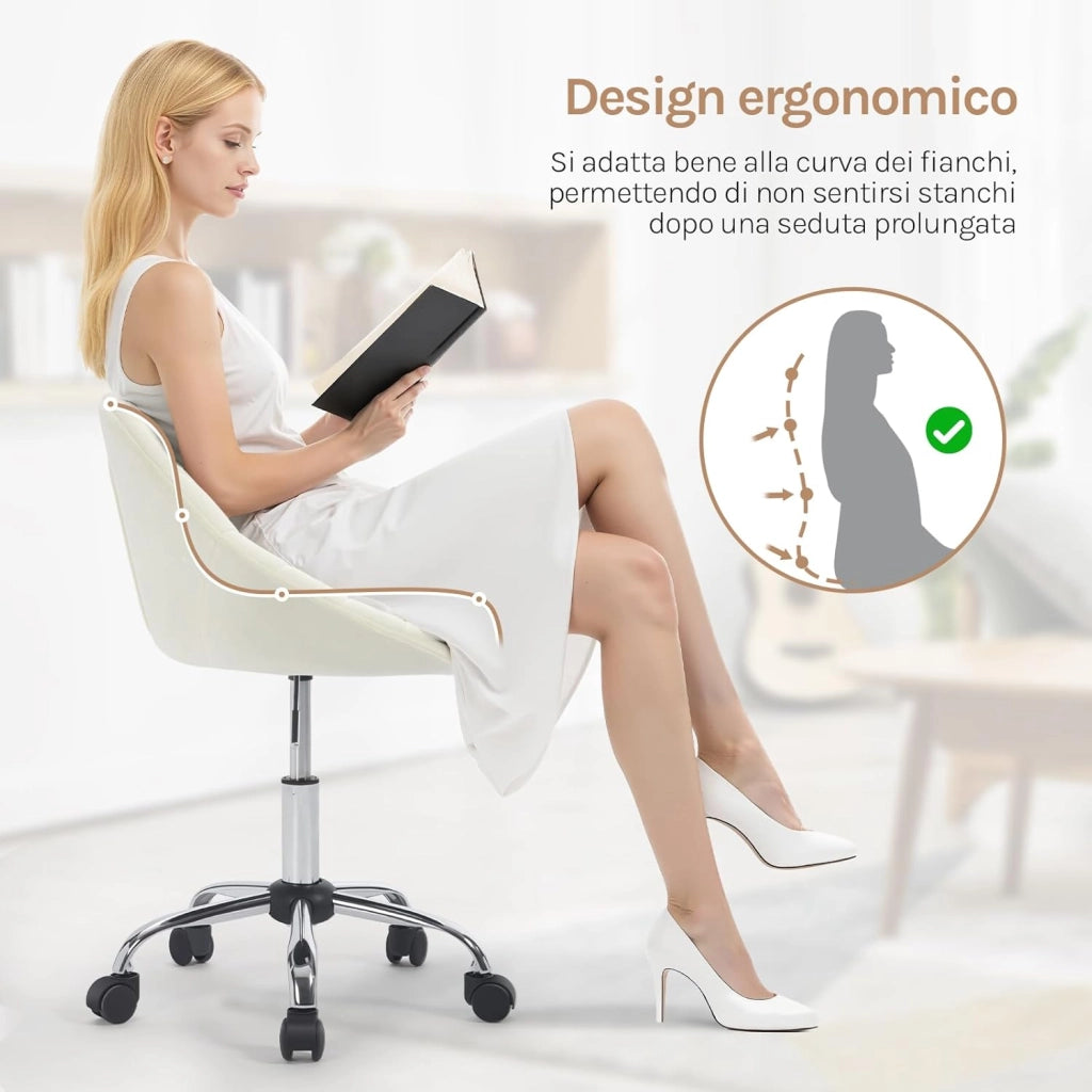 Sedia da Scrivania per Casa Regolabile in Altezza con Rotelle, Sedia Trucco Girevole Ergonomica, Ufficio, Camera da Letto, Studio, Velluto, Crema, BS167cm