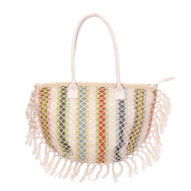 Borsa tessuto righe arancioni con nappecm 40x13h32/50