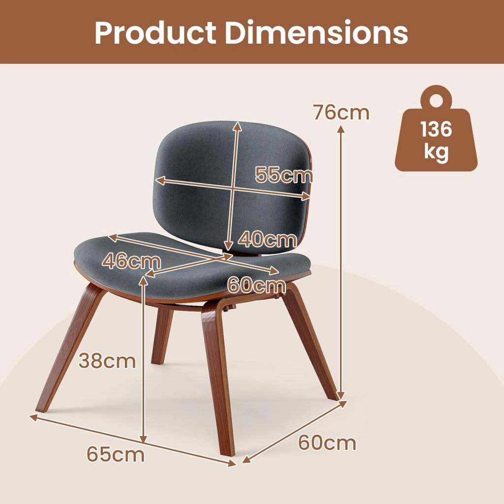 Sedia per il tempo libero imbottita, sedia relax con schienale e seduta curvi, struttura in legno e gambe con cuscinetti antiscivolo, 65 x 60 x 76 cm, per soggiorno, sala da pranzo (grigio