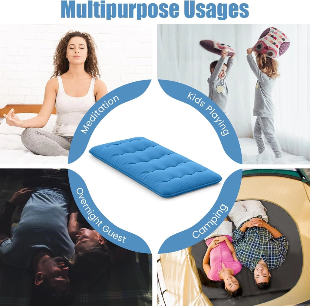Materasso futon Pieghevole, Tatami Futon Giapponese Portatile con Borsa, Copertura Lavabile, 2 Bende Incluse, LettoFuton Spesso e Traspirante per Camera da Letto per Adulti (Blu,Twin XL)