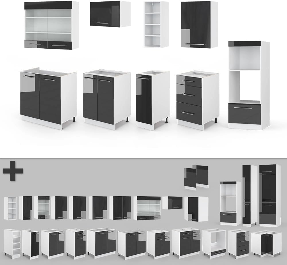 Cucina componibile Fame-Line, Antracite lucido/bianco, 280 cm senza piano di lavoro, per l'espansione personalizzata tramite moduli aggiuntivi compatibili