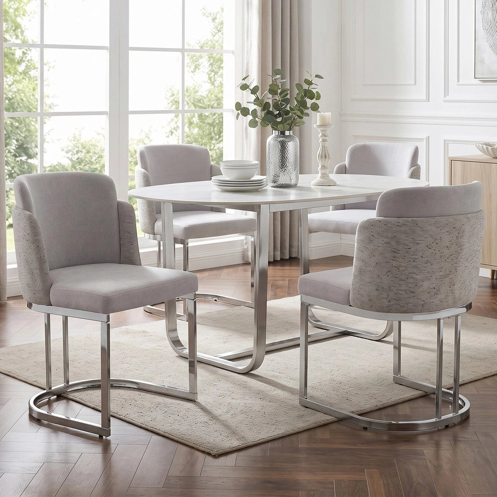 Set 4 Sedie da Pranzo ¨C Minimal ¨C Tessuto Chenille Grigio Chiaro Gambe Metallo Argento Stile Moderno