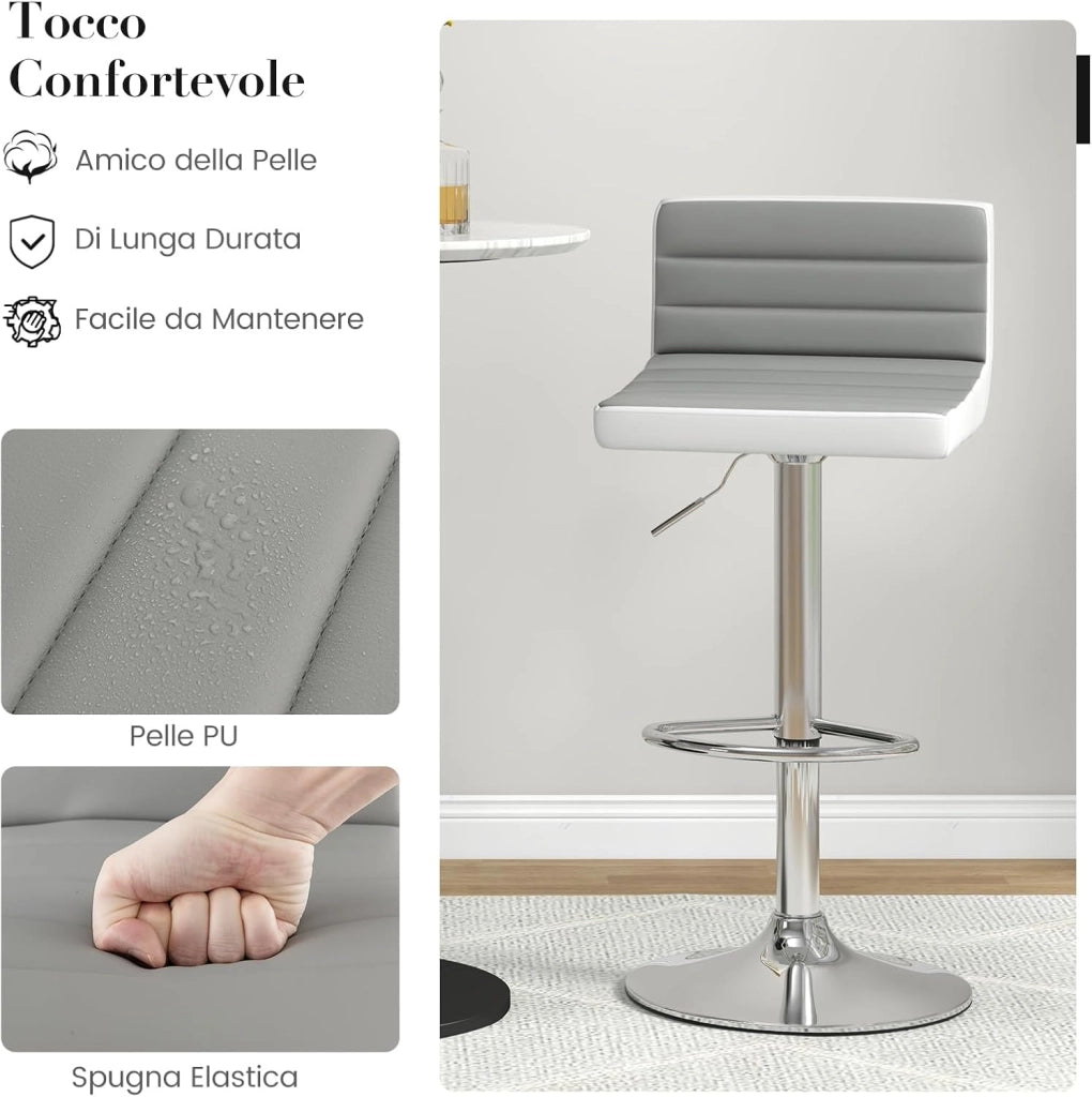 Set 2 Sgabelli da Bar in Finta PU, Sedie Girevoli e Regolabili con Schienali, Poggiapiedi e Base in Metallo, Sgabelli da Cucina per Isola, Bar e Ristorante, Grigio e Bianco