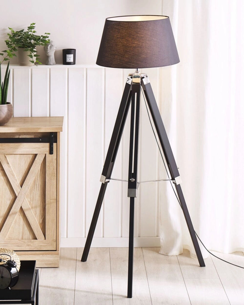 Lampada da Terra Nero Policotone Paralume Gambe in Legno 143 cm Treppiede Moderno Stile Industriale Soggiorno Camera da Letto