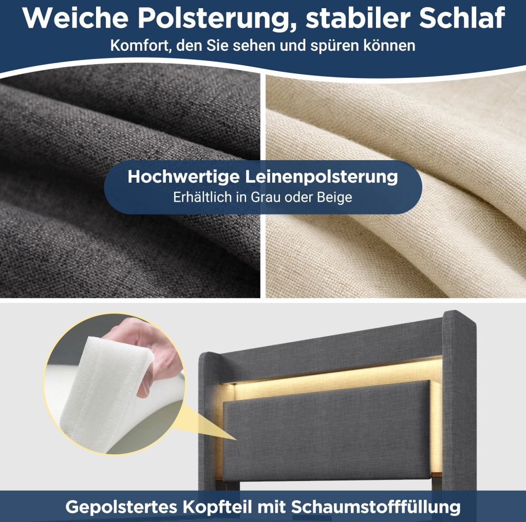 Letto imbottito 90x200 cm con contenitore idraulico, LED, USB e USB-C, grigio