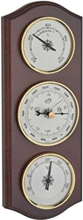 Stazione meteorologica analogica con barometro, termometro e igrometro in contenitore in legno