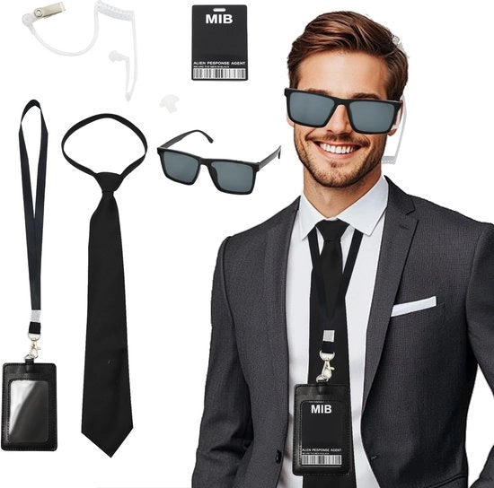 Costumi da Spia 6 pezzi - Occhiali da Sole Neri - Cravatta - Abito da Spia - Carta MIB - Accessori per Giochi di Ruolo - Set di Costumi