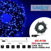 Trade Shop - Catena Luminosa 300 Luci Led Lucciole Luce Blu Cavo Verde Ip44 Xc-4136 -