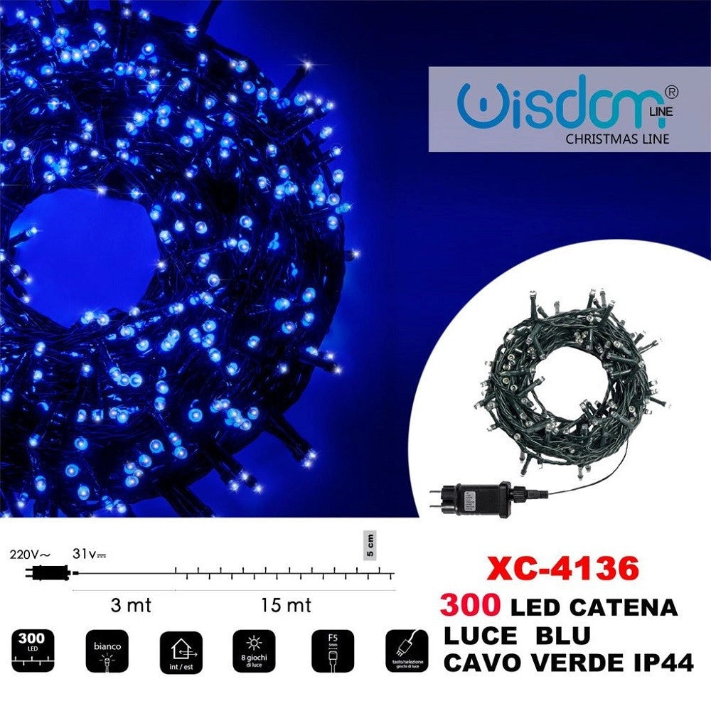 Trade Shop - Catena Luminosa 300 Luci Led Lucciole Luce Blu Cavo Verde Ip44 Xc-4136 -