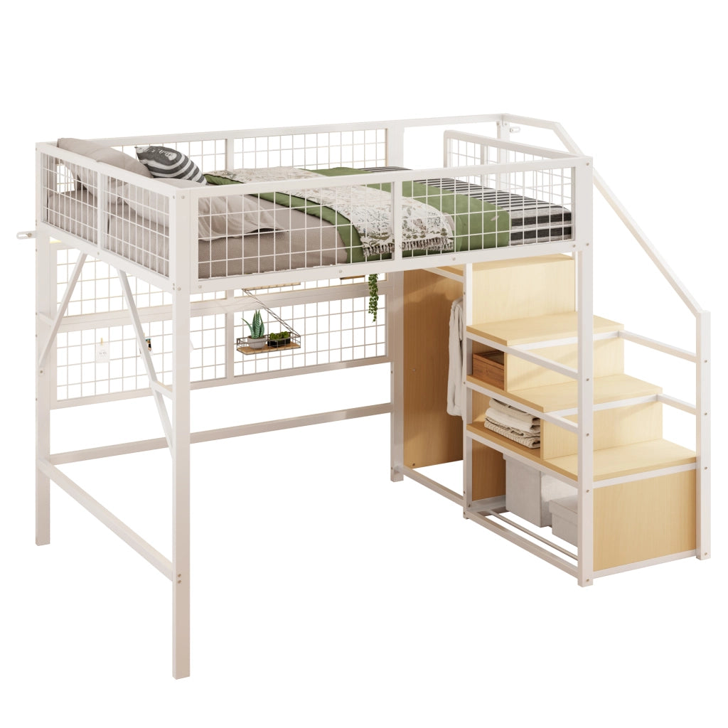OKWISH Letto soppalco 140×200 cm, Letto Matrimoniale con Scala con Contenitori, LED con App e Rete di Sicurezza, senza Materasso, Bianco