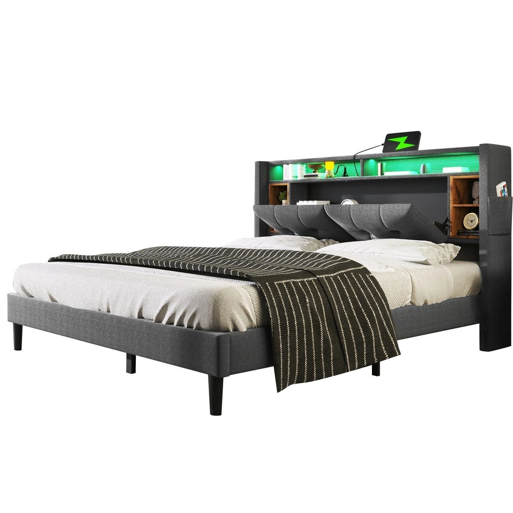 Letto Contenitore Matrimoniale Imbottito con LED e USB ¨C MINIMAL ¨C Grigio 140x200, Rete a Doghe in Legno