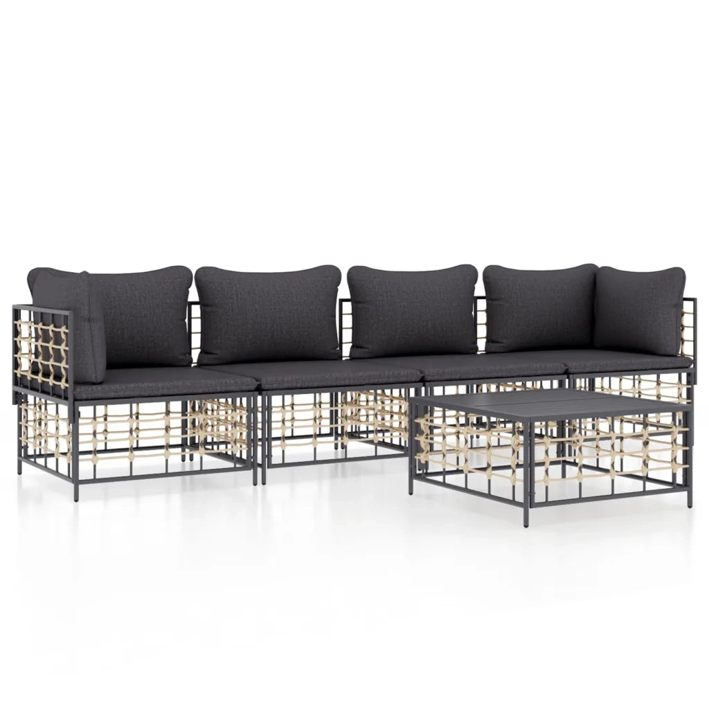 Set Divani da Giardino 5 pz | Set Salotto da Giardino con Cuscini Antracite in Polyrattan