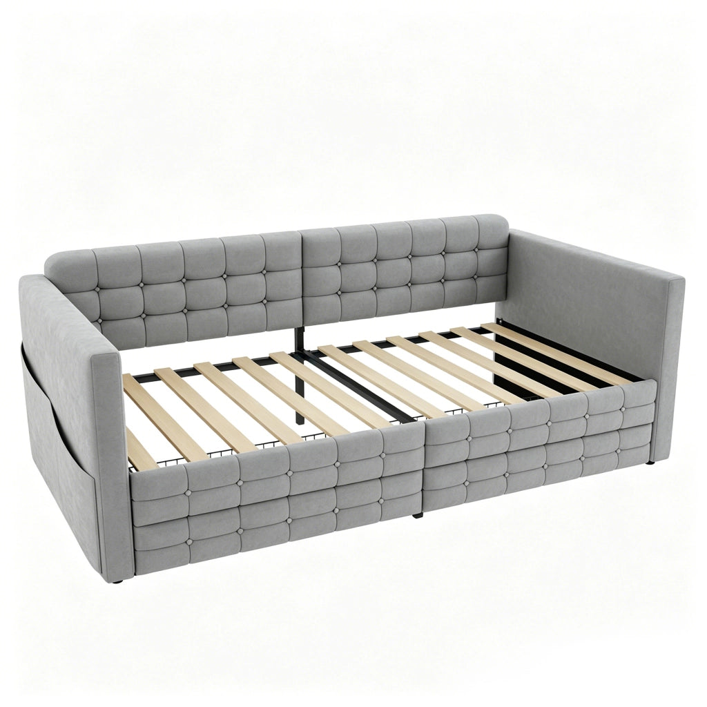 Letto imbottito 90x190 cm con testiera capitonn¨¦, 2 cassetti e tasche laterali, velluto grigio chiaro