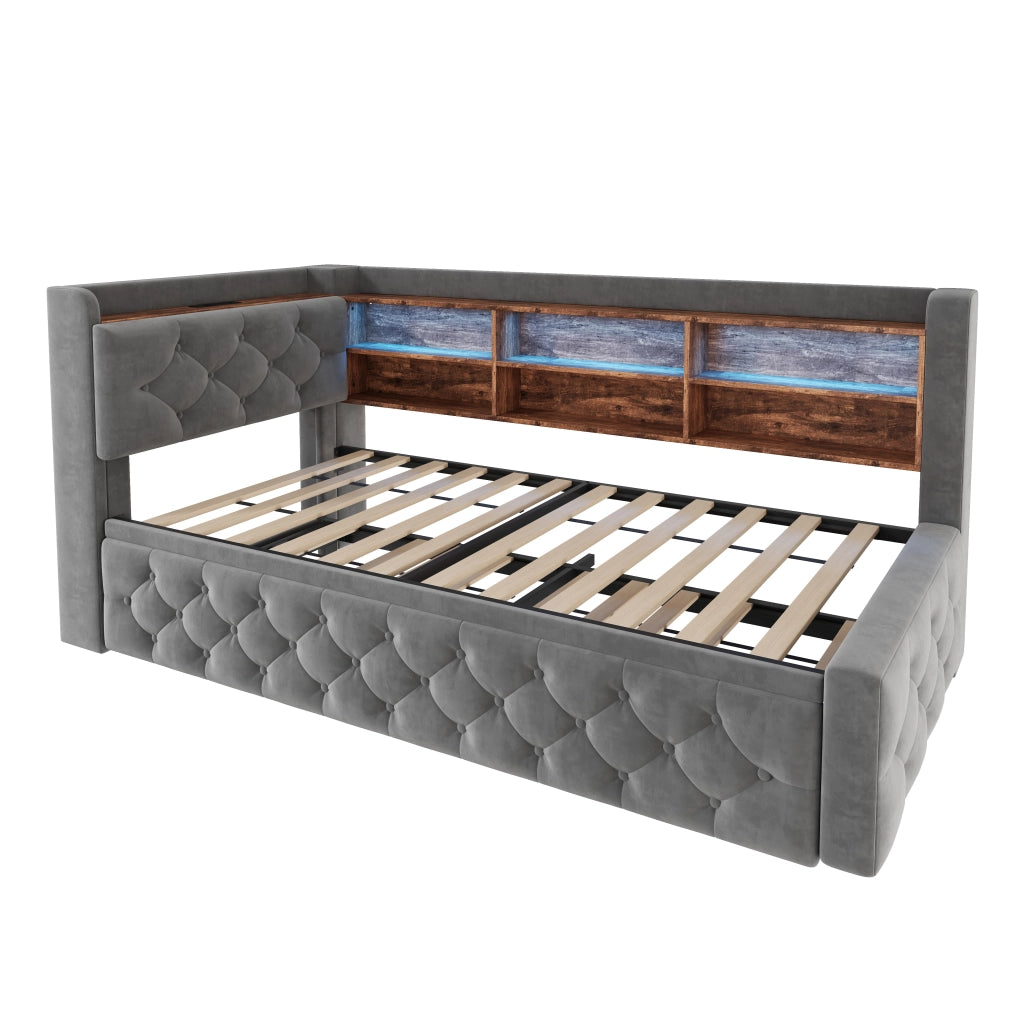 Divano letto estraibile 90x190 cm in velluto grigio scuro con contenitore, testiera in legno, LED, USB e Type-C