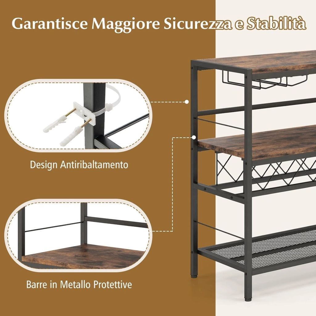 Mobile Portabottiglie di Vino e Calici da Terra, Scaffale Porta Vino su 3 Ripiani con Supporti per Bicchieri e Bottiglie, Tavolo Porta Vino da Bar, per Cucina e Soggiorno, Marrone Rustico