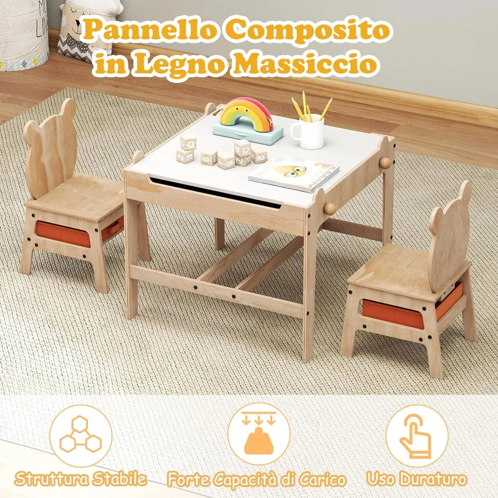 4 in 1 Set Tavolo e Sedie per Bambini 3+ Anni, Tavolo in Legno con Lavagna Reversibile Bianca e Nera, Sedie Ergonomiche con 2 Cassetti Portaoggetti, Ideale per Arti, Mestieri e Giochi (Panda)
